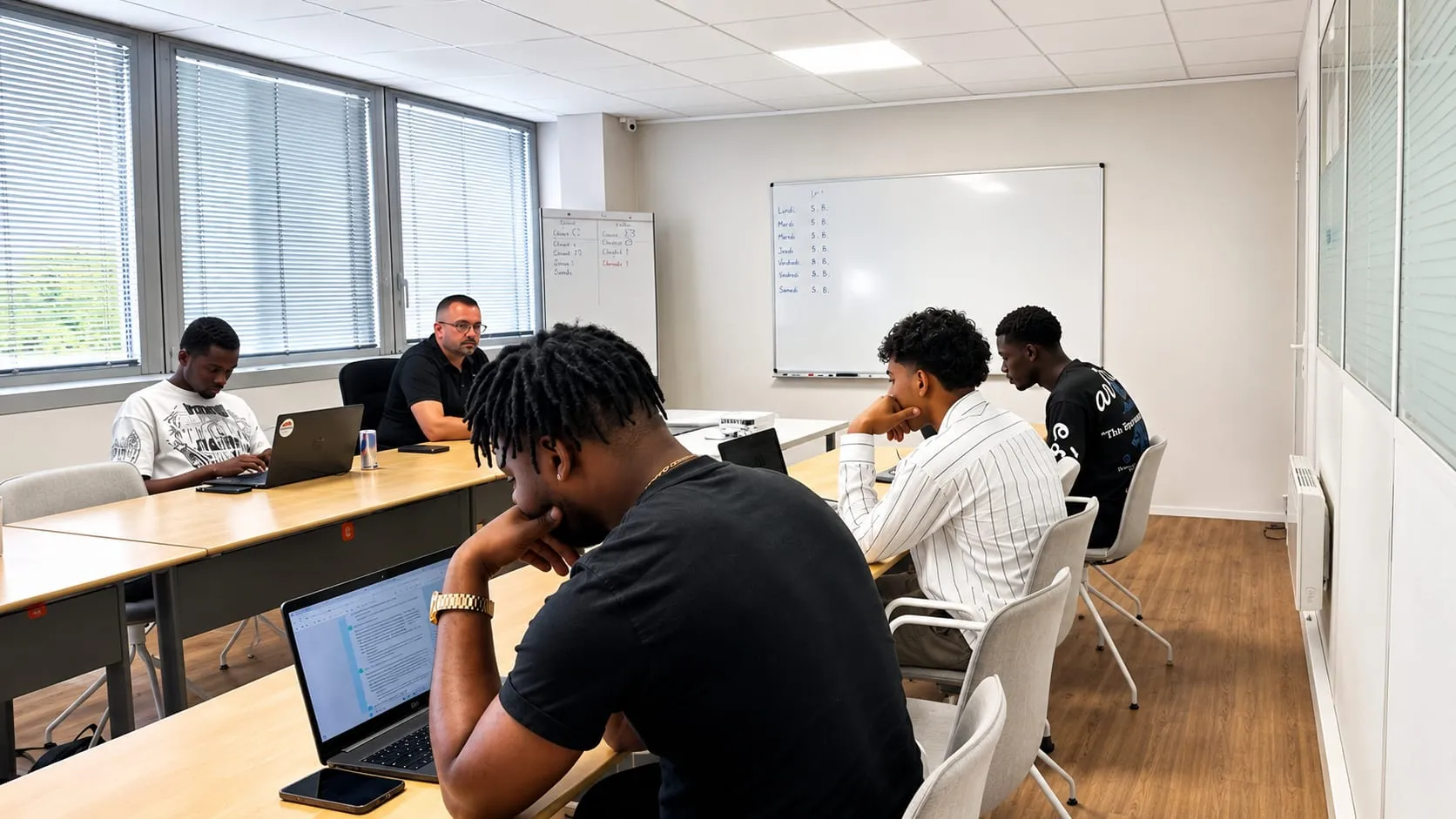 Cinq apprenants sur ordinateur avec un formateur dans une salle de formation lumineuse.